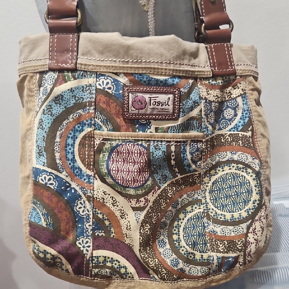 Fossil Tan and Brown Shoulder Bag with Leather Trim